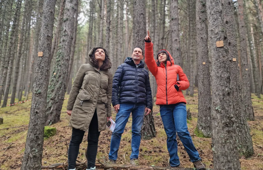Els responsables del projecte envoltats d’arbres etiquetats.