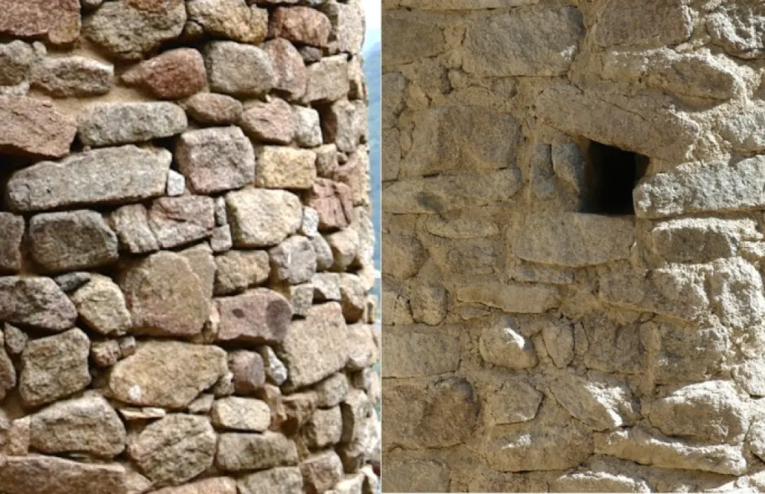 Comparació entre el mur del campanar amb l’efecte de pedra seca abans del 2019 i al setembre del 2023, amb les juntes farcides de morter.