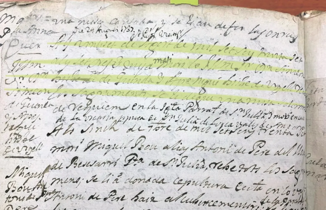 El llibre d’òbits de Sant Julià recull el traspàs del bisbe, el matí del 27 d’agost del 1737.