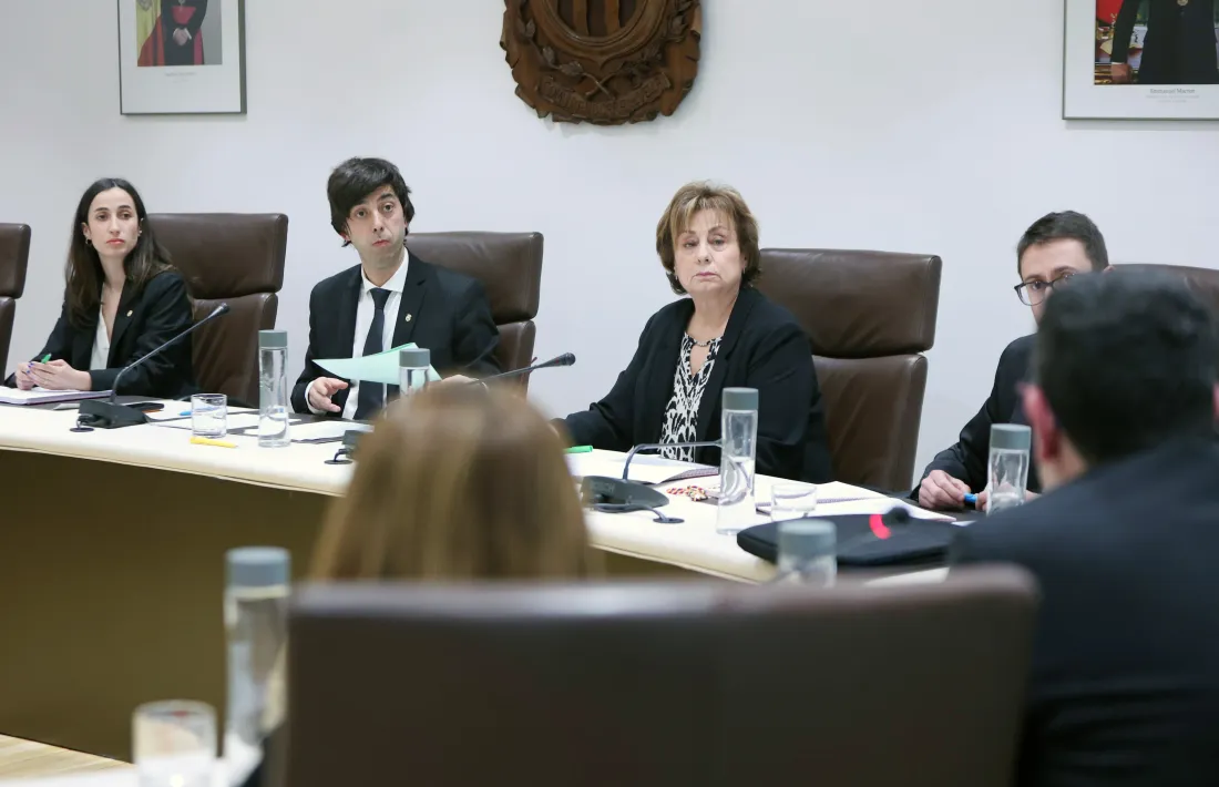 Els cònsols de la capital, Sergi González i Olaya Losada, escolten el conseller de l’oposició Miquel Canturri en la sessió d’avui.