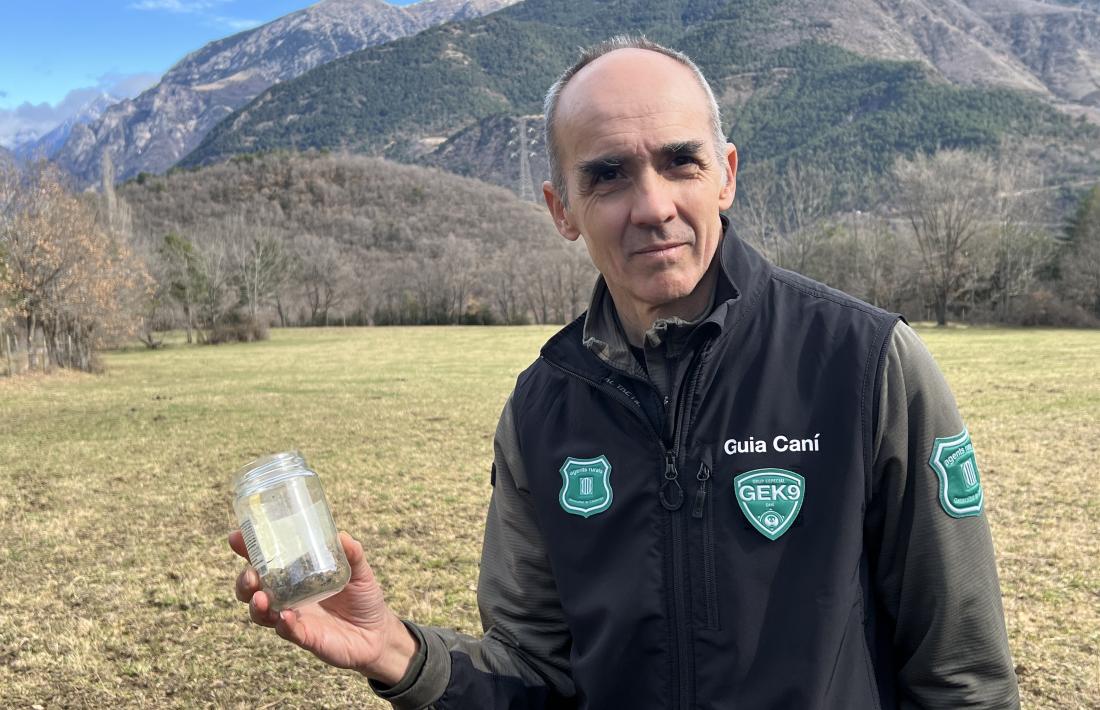 Gabriel Lampreave, coordinador del seguiment del llop i l'os dels Agents Rurals, mostra un pot amb l'excrement del llop localitzat a Vilaller