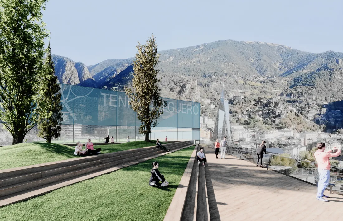 Simulació de les pistes de tenis i de la zona ajardinada de la cinquena planta.