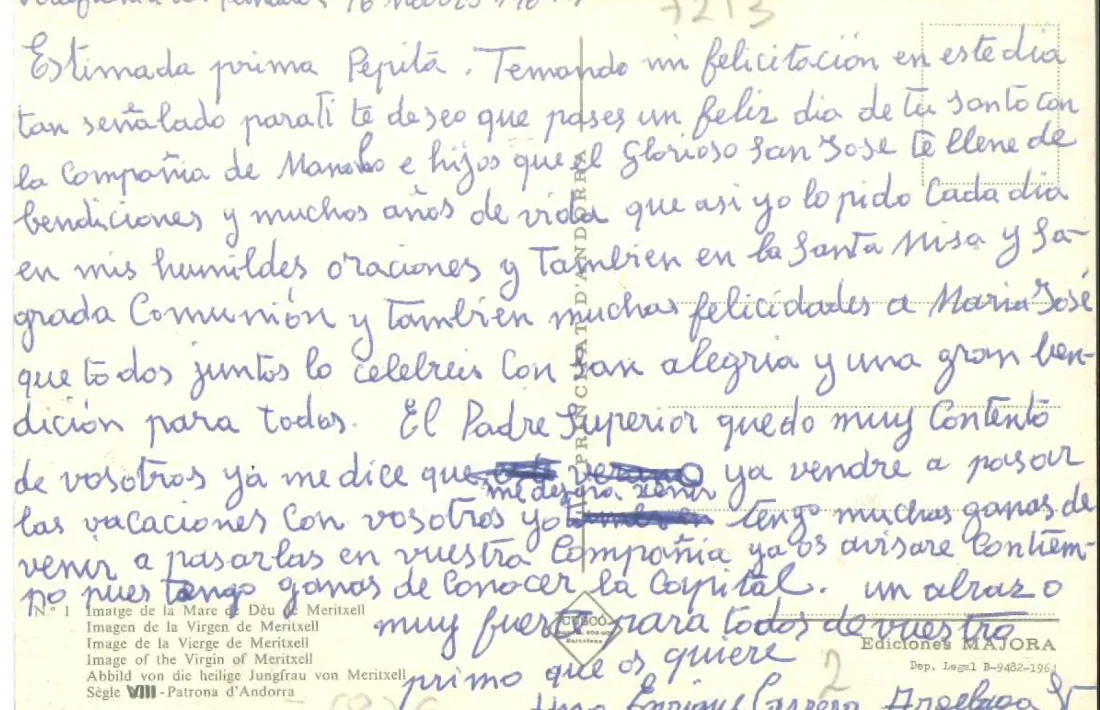 Revers de la postal del ‘hermano’ Enrique, datada el 16 de març del 1969.