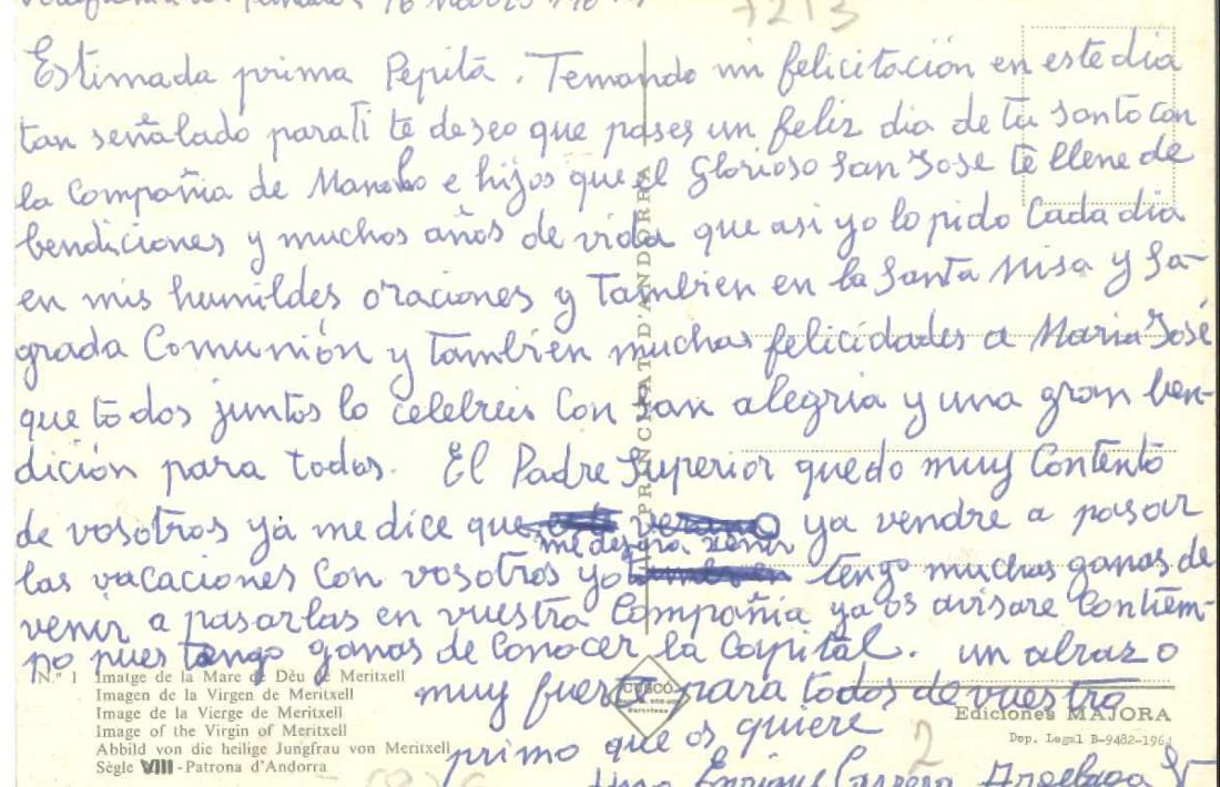 Revers de la postal del ‘hermano’ Enrique, datada el 16 de març del 1969.