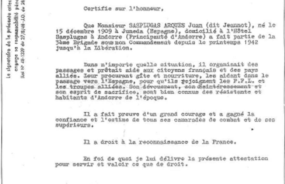 Certificat en què el coronel Victorio Vicuña, cap de la 3a brigada de l’Arieja de guerrillers espanyols, dona fe que va tenir Sasplugas a les seves ordres.