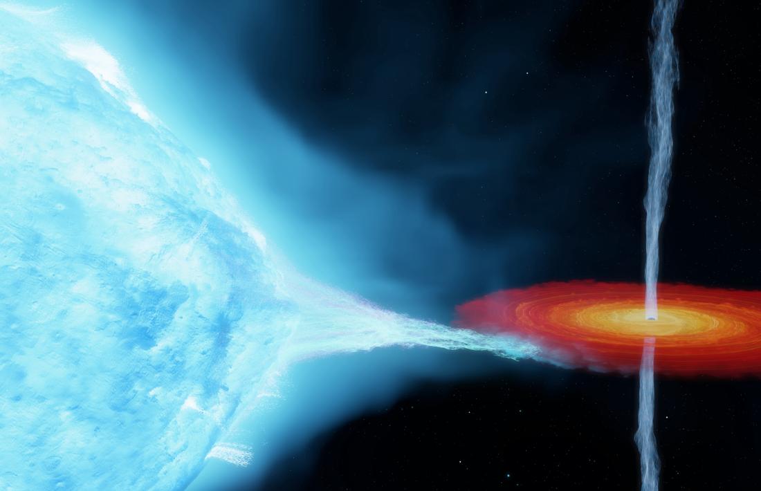 Visió artística del sistema binari Cygnus-X1 amb l’estel i el forat negre.