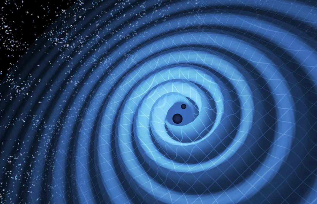 Fusió de dos forats negres i les ones gravitacionals que s’escapen cap a l’exterior mentre els forats ‘espiralen’ l’un cap a l’altre.