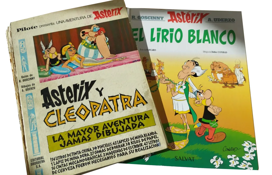 El meu primer volum d’Astèrix, del 1967, i l’últim, que va sortir fa quinze dies. A la dreta, dibuix autògraf d’Uderzo en agraïment a un obsequi que li vaig fer.