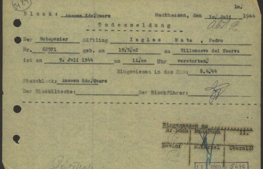 Fitxa de deportat de Pedro Inglés amb el número de matrícula (62571) i les dates d’ingrés i defunció.