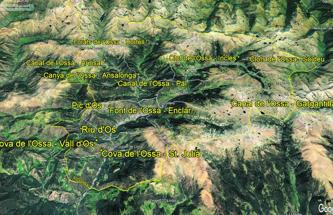 Els diferents topònims relacionats amb l’os posats damunt el mapa d’Andorra.