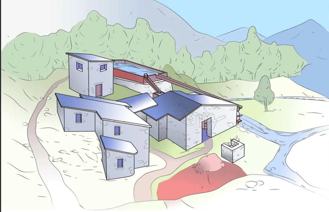 Reconstrucció ideal de la farga cap al 1836, amb el botàs o piscina d’aigua a la part superior