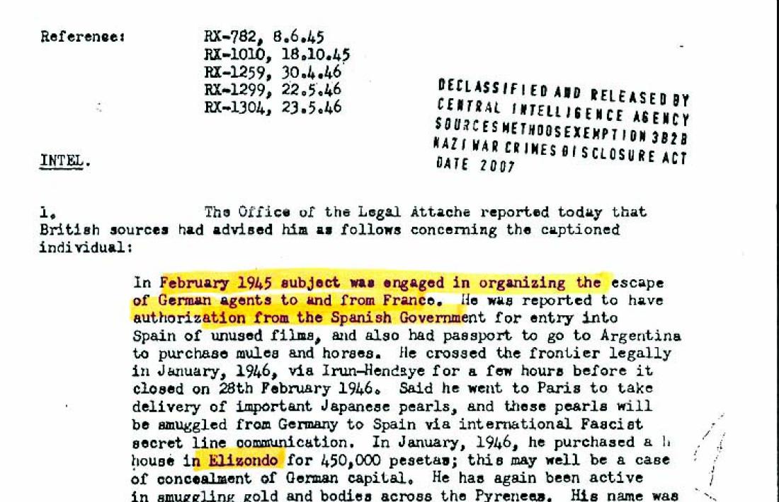 Document de la CIA desclassificat el 2017 amb les peripècies de l'espanyol Miguel Eraso, que el maig del 1946 organtzava a Andorra una xarxa de passadors al servei dels nazis.