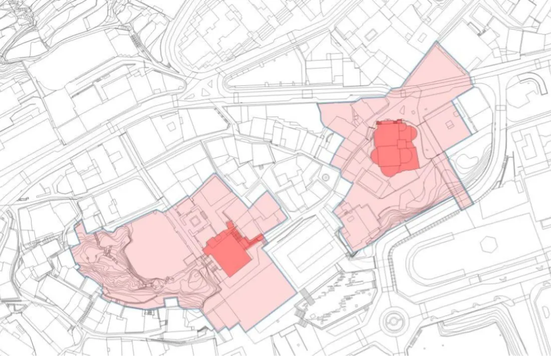 Casa de la Vall i l'arxiprestal de Sant Esteve, en vermell, envoltats de la zona 1 o d'acompanyament, en rosa.