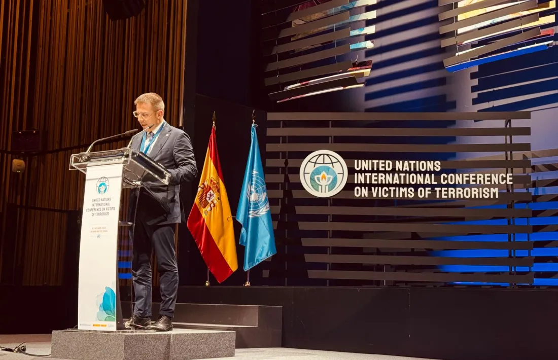Joan León durant la seva intervenció en la Conferència Internacional de les Nacions Unides sobre Víctimes de Terrorisme.