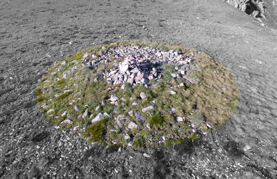 El túmul, en verd i semicobert de gleba. Atenció al cussol central, aixecat pels excursionistes amb pedres extrets del mateix jaciment.