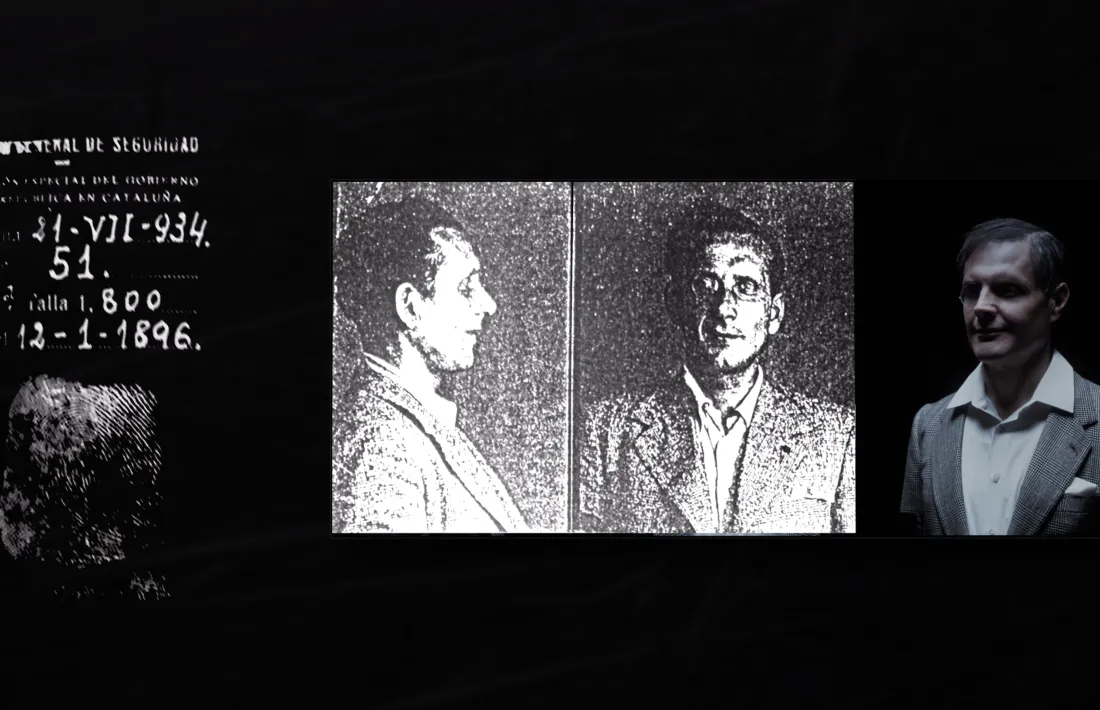 Fita policial del 1934 a nom de Borís Skossyreff, i a la dreta Piñro, que li dona vida a les recreacions del documental.