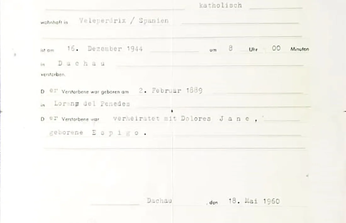 Certificat de defunció expedit pel camp de Dachau el 1960.