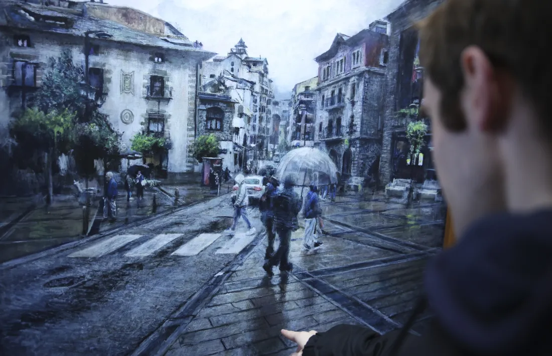 La plaça Benlloch en dia de pkuja (oli sobre tela, 2024).