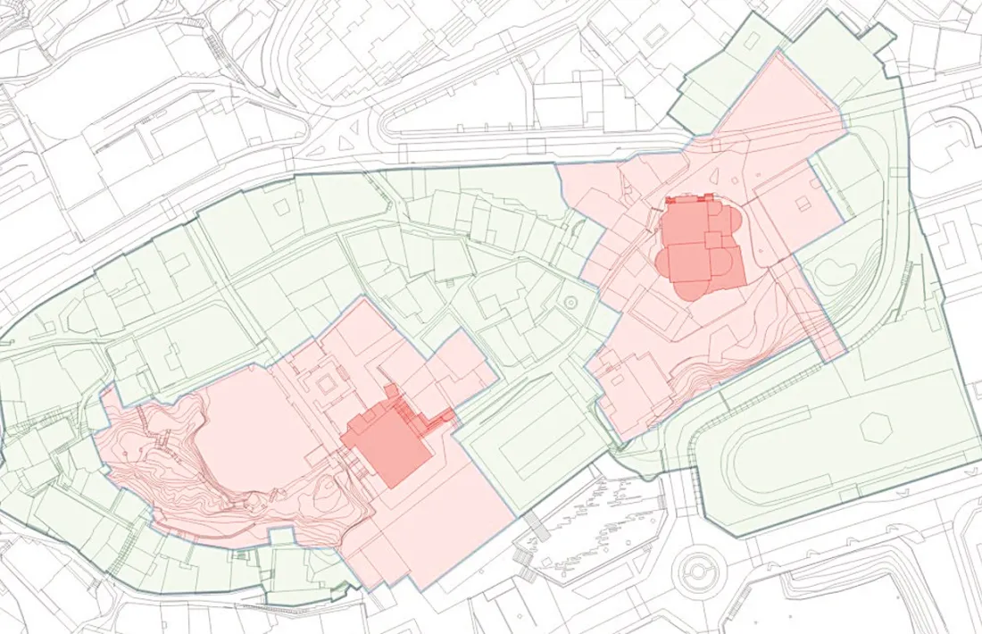 Casa de la Vall i Sant Esteve, en vermell, amb la zona d’acompanyament (en rosa) i la preventiva (en blau).