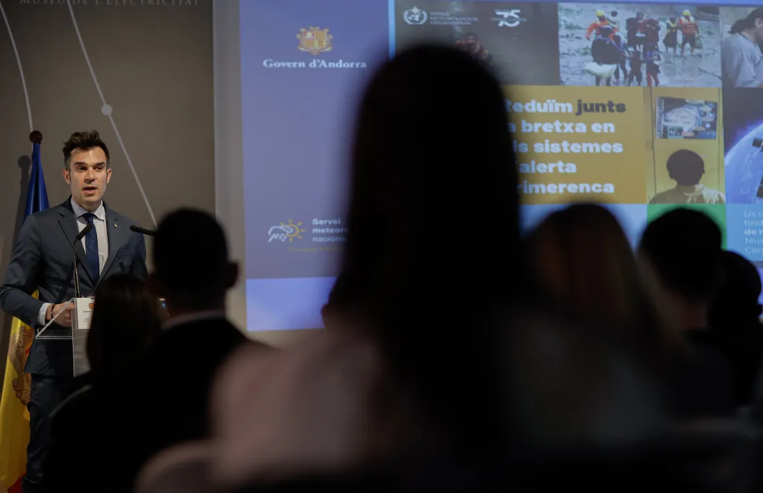 El secretari d’Estat de Transició Energètica, Transports i Mobilitat, David Forné, durant l’acte per commemorar el Dia Mundial de la Meteorologia.