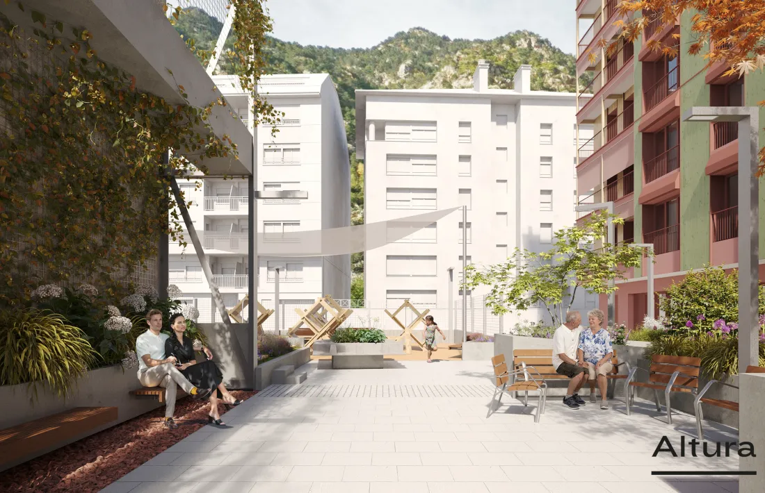 Imatge de la futura plaça pública davant del bloc d’habitatges.