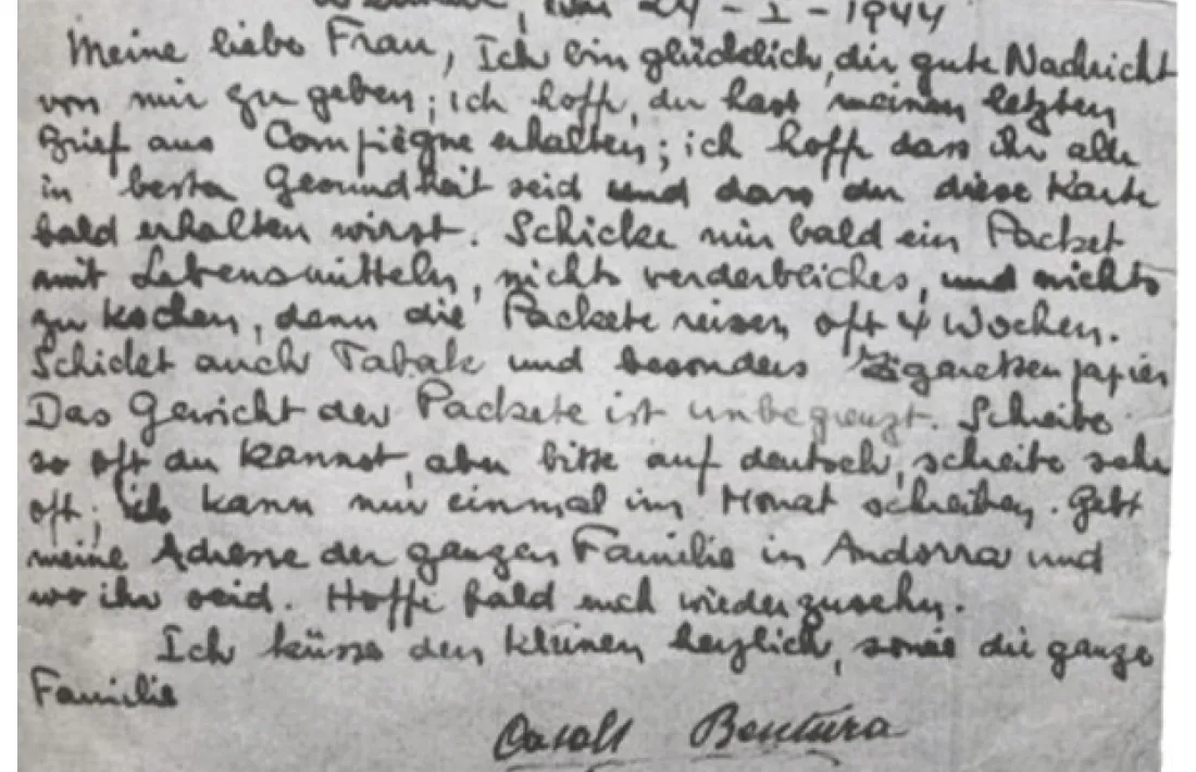 “Un petó afectuós amb tot el meu cor al petit i a tota la família”: postal de Bonaventura Casal datada a Buchenwald el 24 de gener del 1944. Va morir el juny del 1945, just després de l’alliberament del camp.