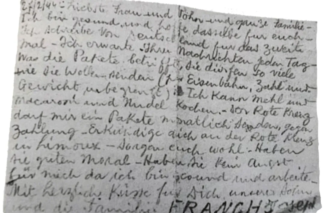 “De moral estic molt bé, no tinc por, estic sa i treballo”: Franch va escriure aquesta postal el 27 de febrer del 1944. Va morir a Buchenwald el 17 de juny d’aquell any.