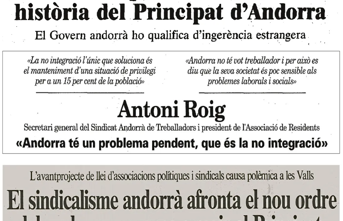 Tres retalls de diaris catalans (‘El Punt’, ‘Avui,’ ‘Diari de Girona’) de l’any 1990  en què es va fundar el Sindicat Andorrà de Treballadors.