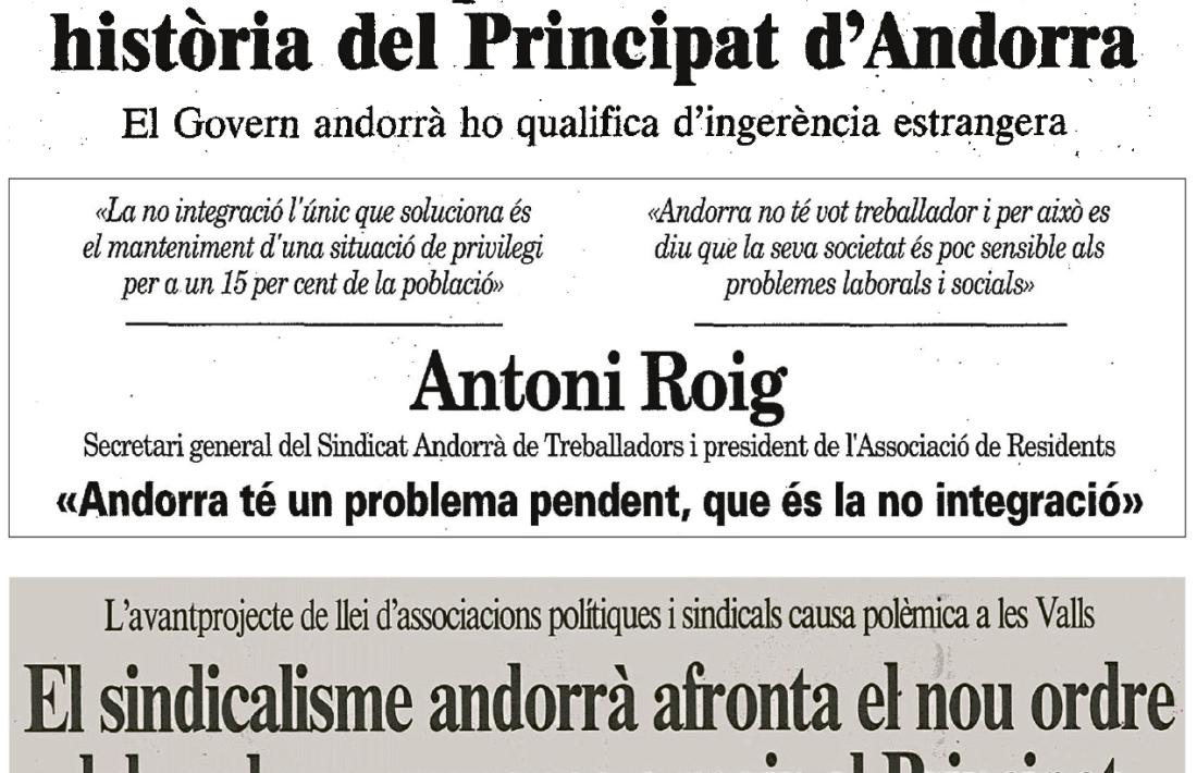 Tres retalls de diaris catalans (‘El Punt’, ‘Avui,’ ‘Diari de Girona’) de l’any 1990  en què es va fundar el Sindicat Andorrà de Treballadors.