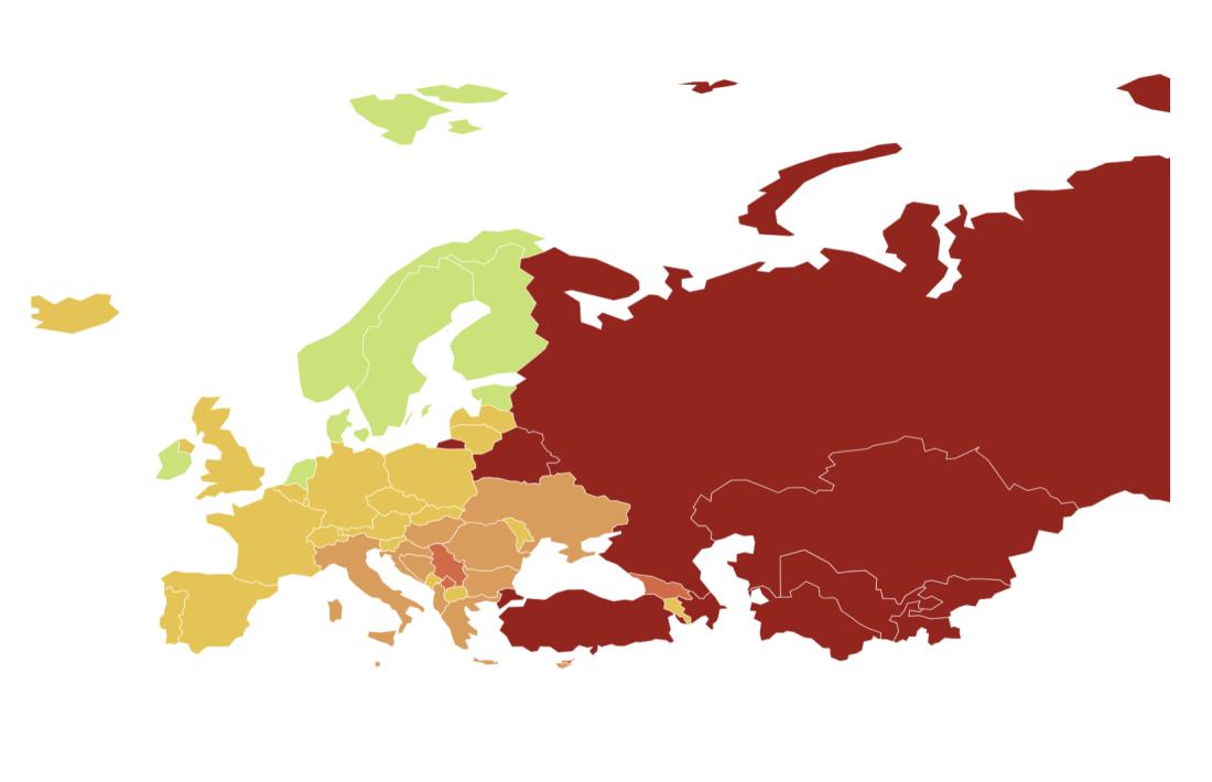 El mapa que marca l'estat de la llibertat de premsa a Europa i Àsia.