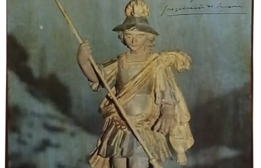 El Sant Jordi del retaule de Sant Serni, amb el poema de Sagarra cobvertit en pòster.