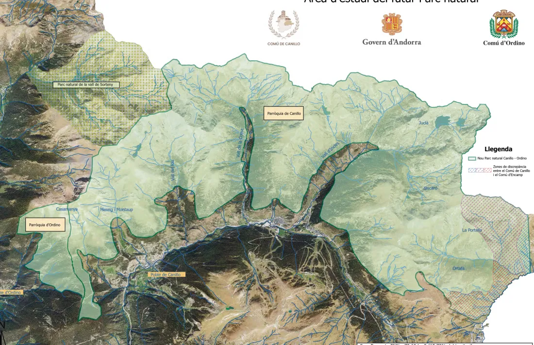 Sombrejat amb verd l'espai del futur parc, i amb un altre to de verd la Vall de Sorteny.