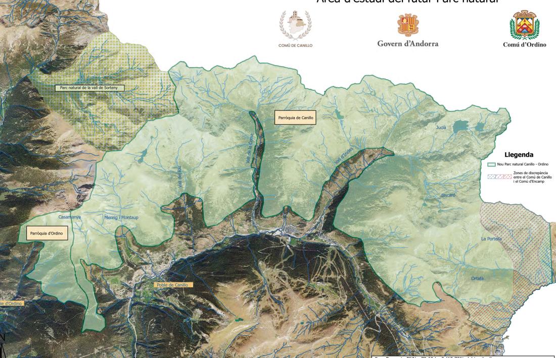 Sombrejat amb verd l'espai del futur parc, i amb un altre to de verd la Vall de Sorteny.