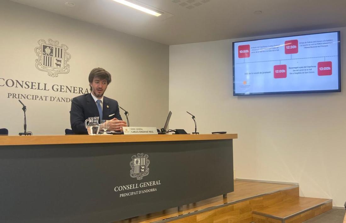 El síndic general, Carles Ensenyat, durant la presentació dels actes de jurament de la Constitució del copríncep Serrano.