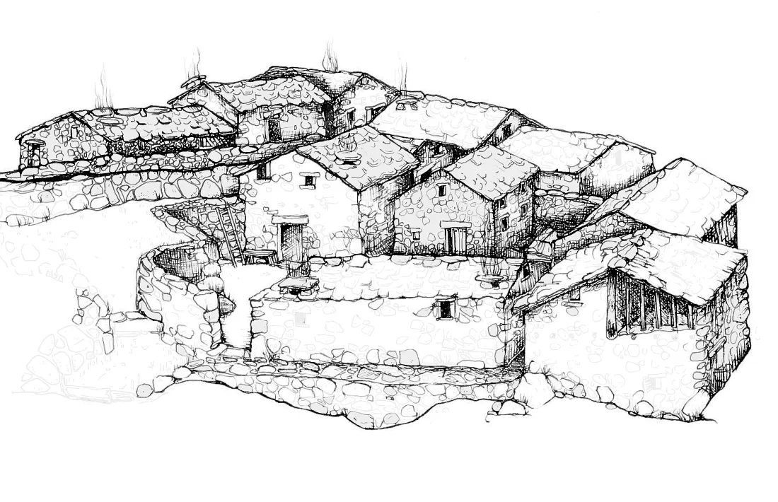 Reconstrucció ideal de la fase central del jaciment de la Margineda, entre els segles XII i XIV.