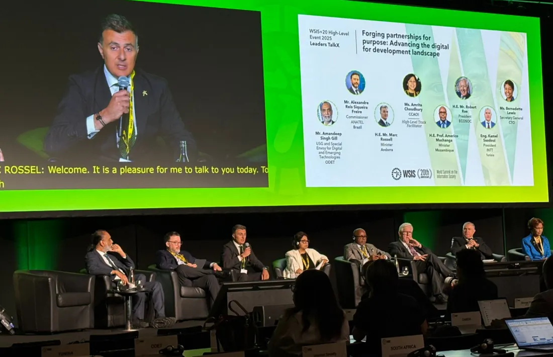 El ministre de Funció Pública i Transformació Digital, Marc Rossell, durant la seva intervenció en el marc de la Unió Internacional de Telecomunicacions (UIT).