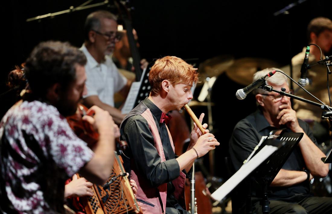 La ‘secció pirinenca’, i folk, de l’orquestra, amb Garriga i Caro; entre tots dos, de Hallum s’albira només el seu instrument. 