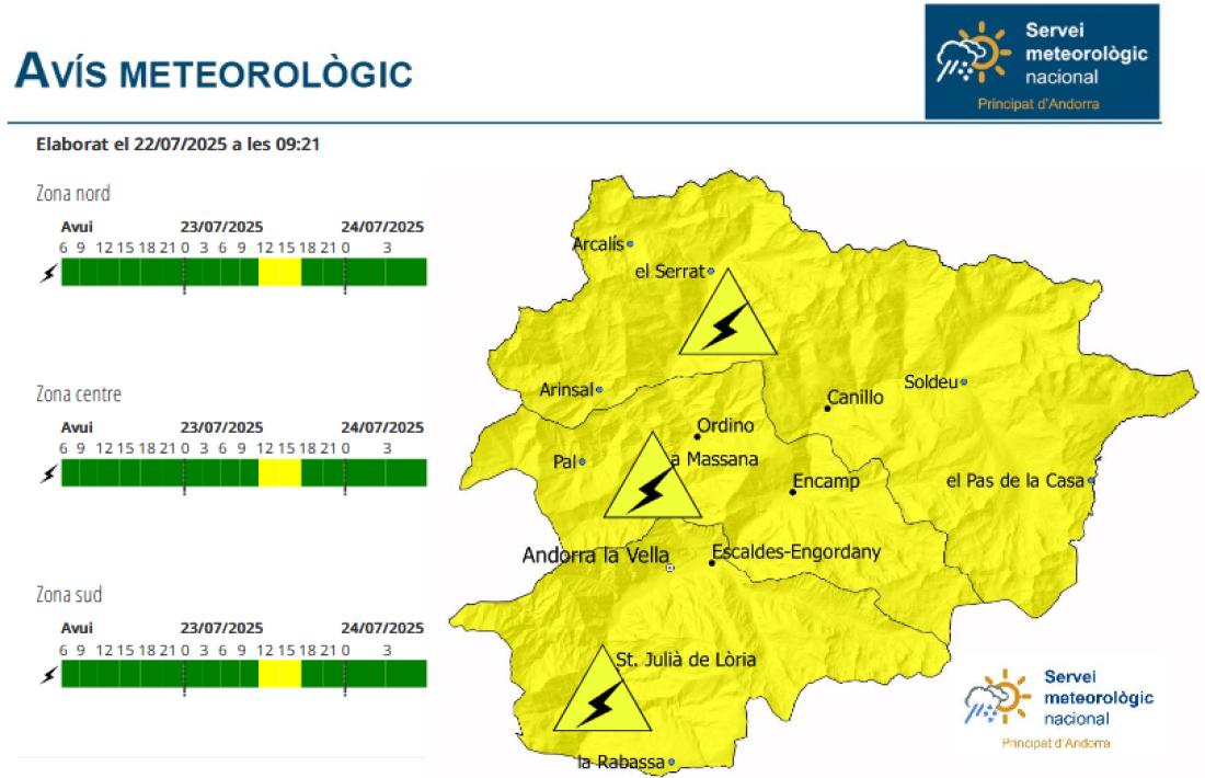El mapa amb l'avís groc activat per demà.