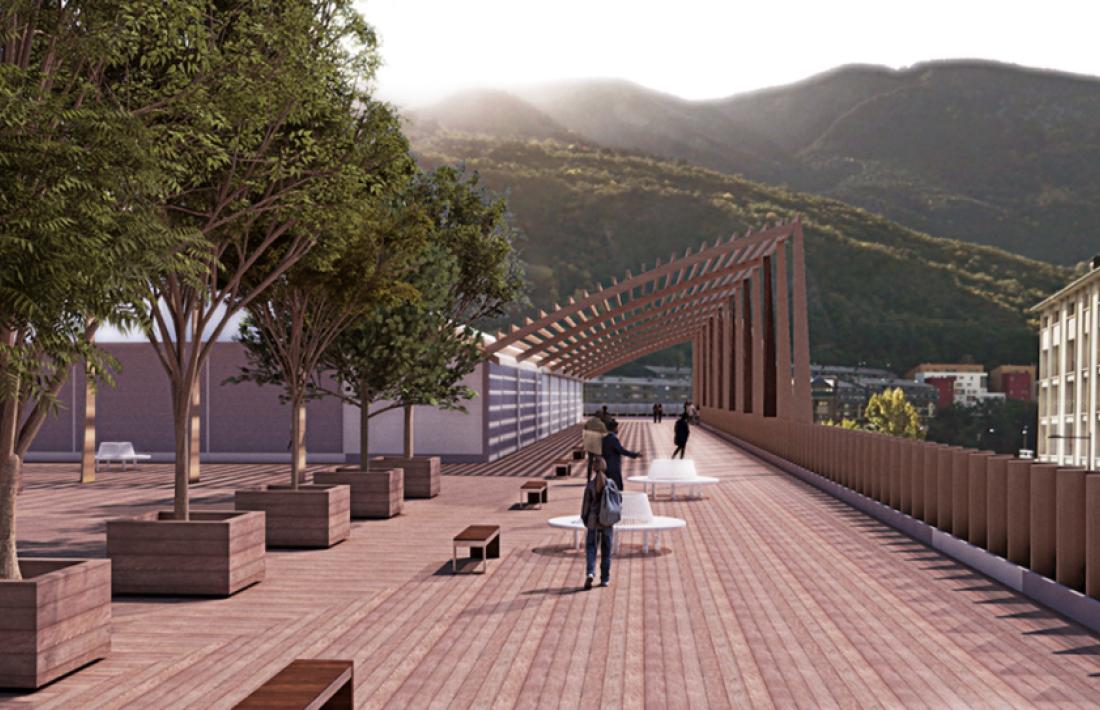 Aspecte de com podria ser la nova plaça amb la connexió entre Prat de la Creu i el passeig del riu.
