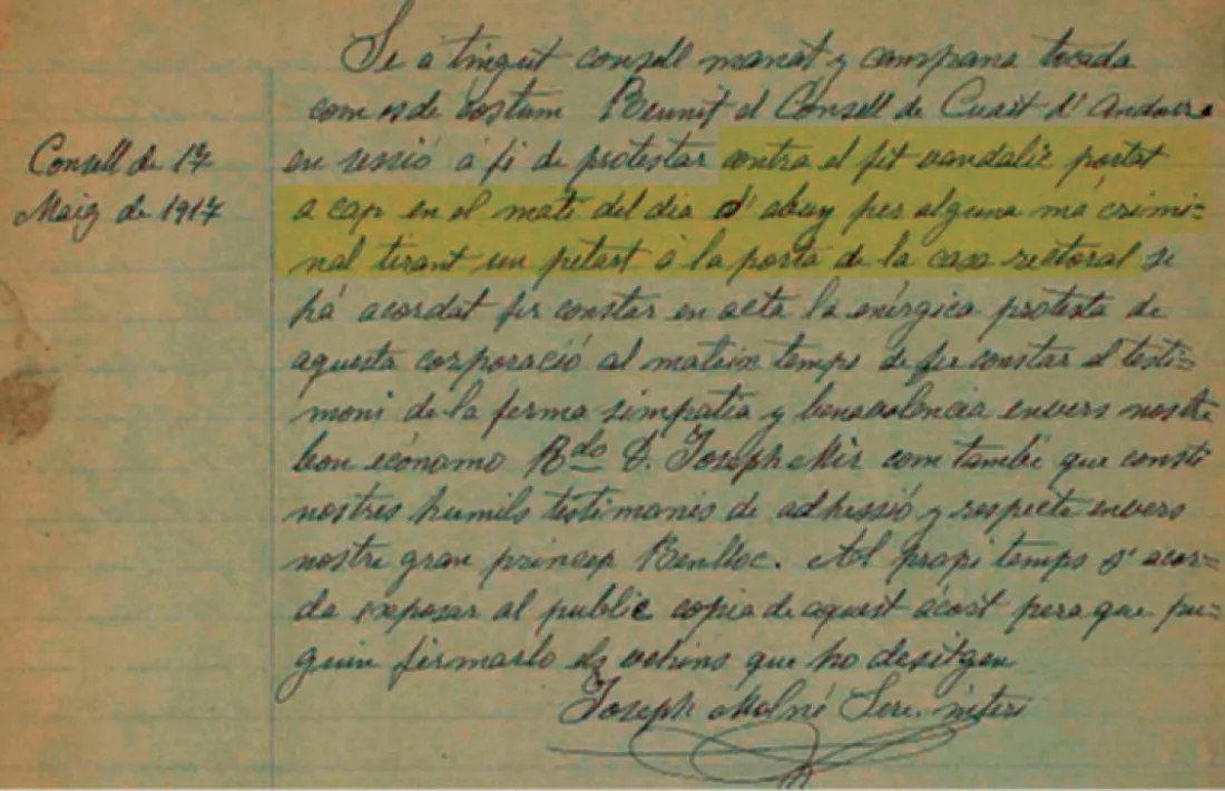 Entrada al llibre d’actes del Quart amb la notícia del petard que s’ha fet explotar a la rectoria.