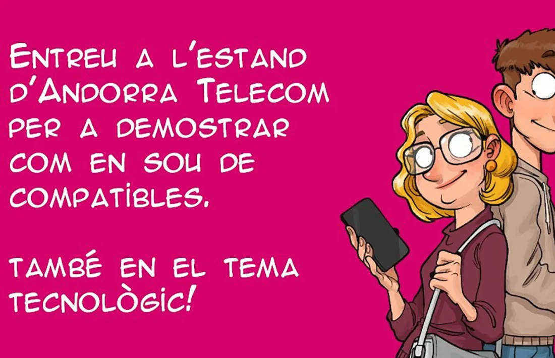 El cartell que convida a descobrir l'estand d'Andorra Telecom a la fira d'Andorra la Vella.