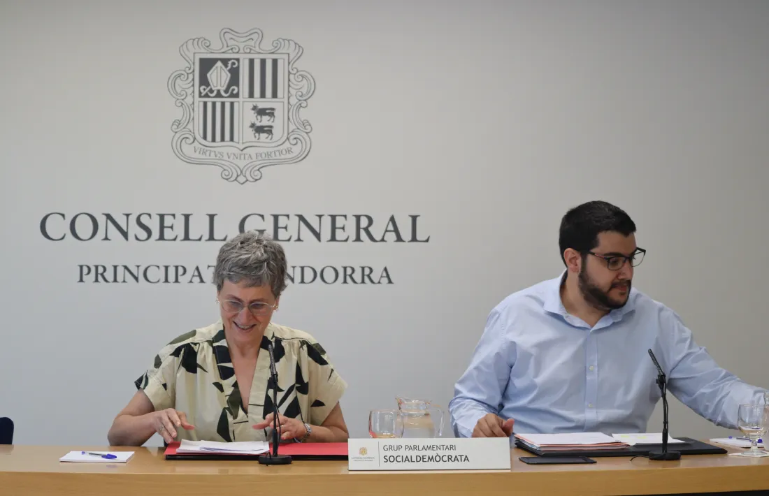 Els consellers generals socialdemòcrates Susanna Vela i Pere Baró en una compareixença.