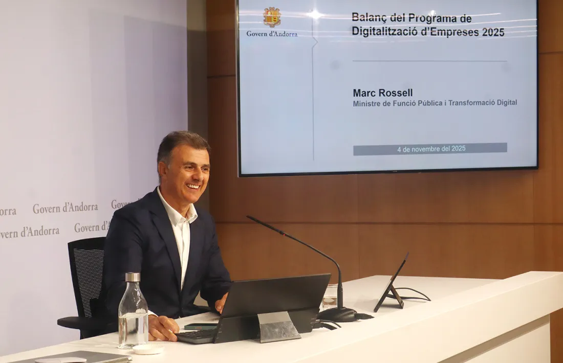 El ministre de Funció Pública i Transformació Digital, Marc Rossell, durant la roda de premsa de balanç del programa de digitalització d'empreses.
