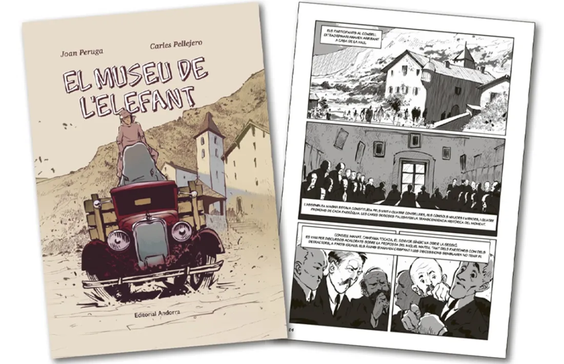 Portada i planxa de la novel·la gràfica 'El museu de l'Elefant'.