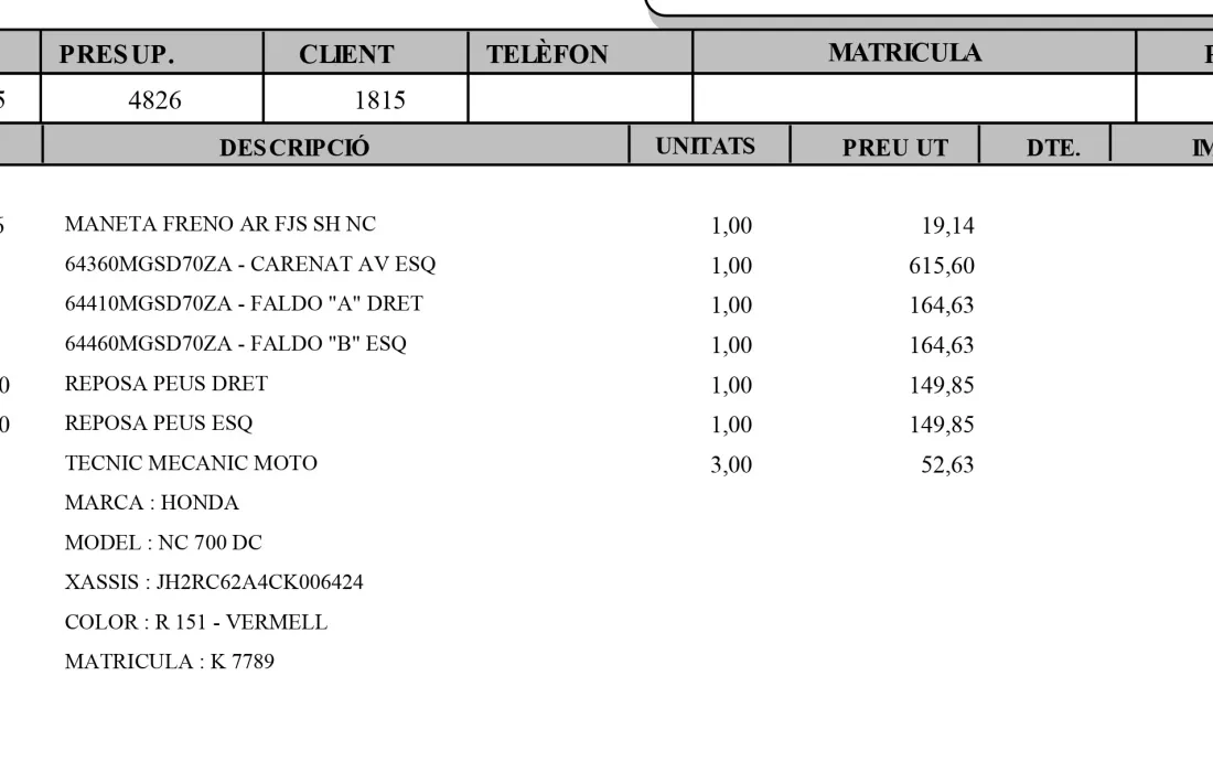 Detall del pressupost de la reparació de la motocicleta.