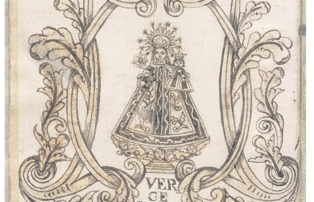 Il·lustració de la Mare de Deu de Meritxell, en realitat la del Roser, de la mà de mossèn Antoni Puig.