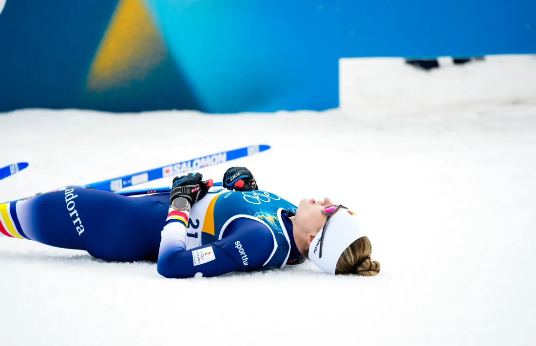 Gina Del Rio, exhausta, una vegada va creuar la meta dels 10 quilòmetres individuals en skating.