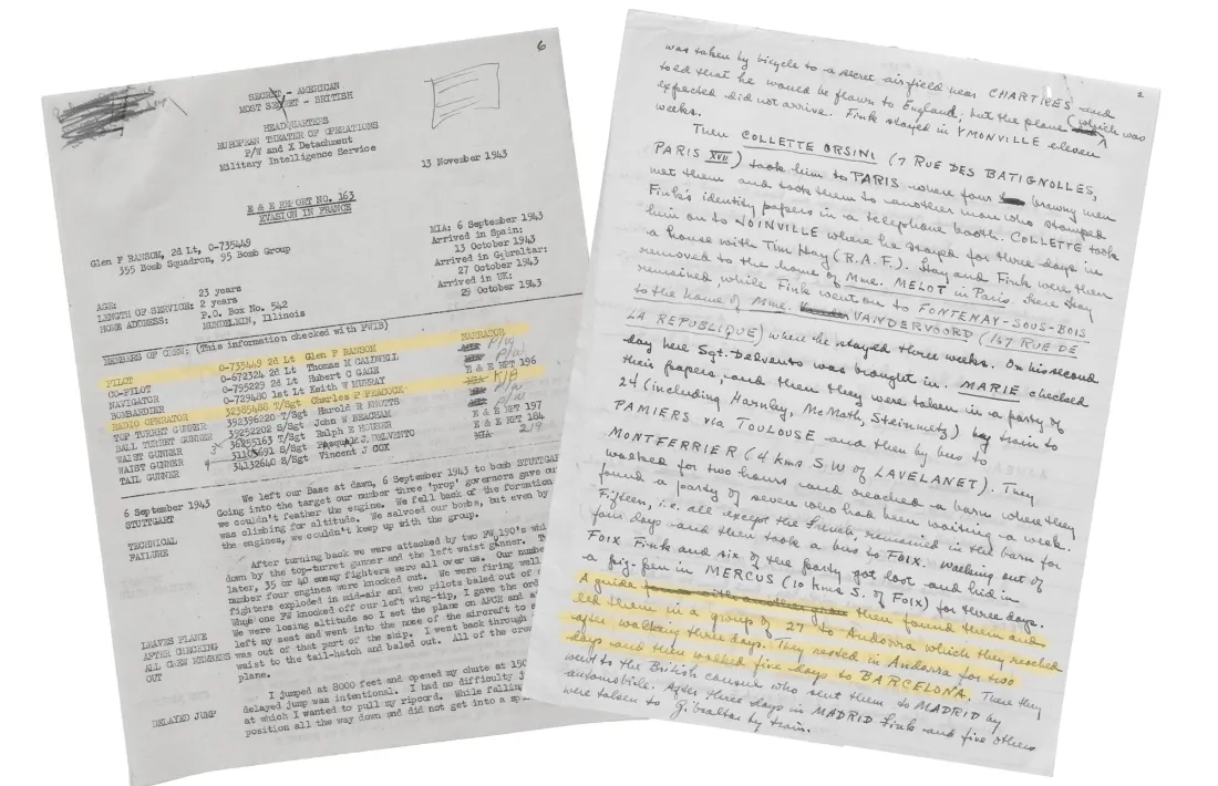 Peacock formava part de la tripulació del tinent Glen Ransom, que el 7 d'octubre del 1943 va arribar a Andorra amb una expedició d'una vintena d'evadits; a la dreta, l'expedient de tinent Leonard Flink. Ell va arribar a finals de mes.