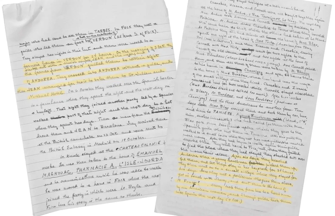 Els expedients de Claude Sharpless i George Elliott, que van rebre la inestimable ajuda d'un tal Jean per passar a Andorra; a la dreta, el d'Edward Chonskie, que en arribar és acollit per un tal Sherry i s'hostatja a l'hotel d'un dona "nord-americana", amb tota probabilitat Lina Pla. 