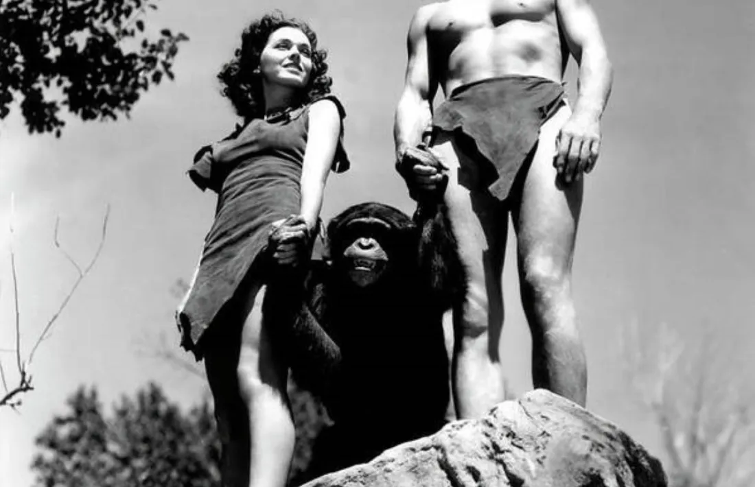 Johnny Weissmuller, el més emblemàtic Tarzán, amb Xita i Maureen O'Sullivan.